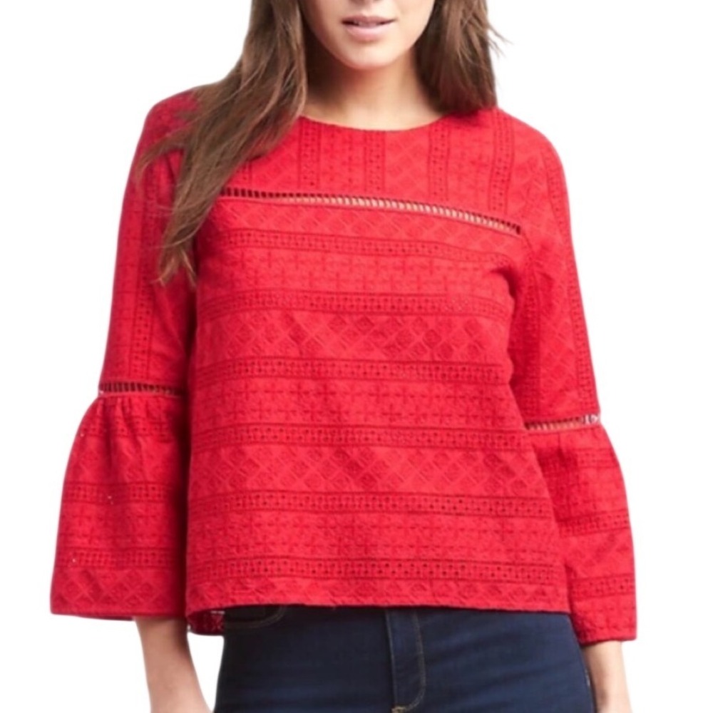 GAP Women's Pure Red Ladder Eyelet Bell‎ Sleeve Embroidered Top XXL 100% Cotton